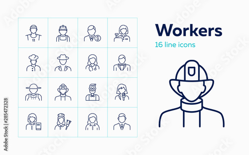 Workers line icon set. Maid, librarian, practitioner, banker, chef. Occupation concept. Can be used for topics like work, vocation, employees