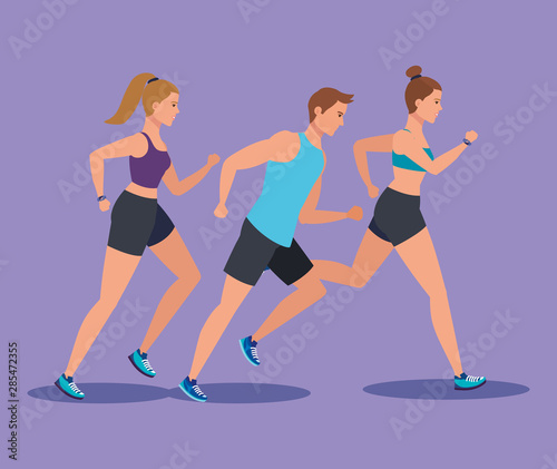 fitness women and man running to practice sport