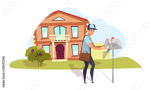 Postman delivering mail flat vector illustration