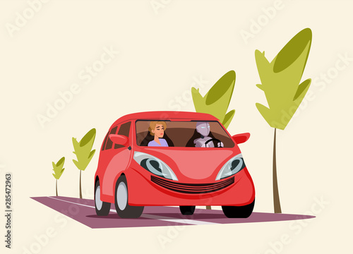 Robot driving car flat vector illustration