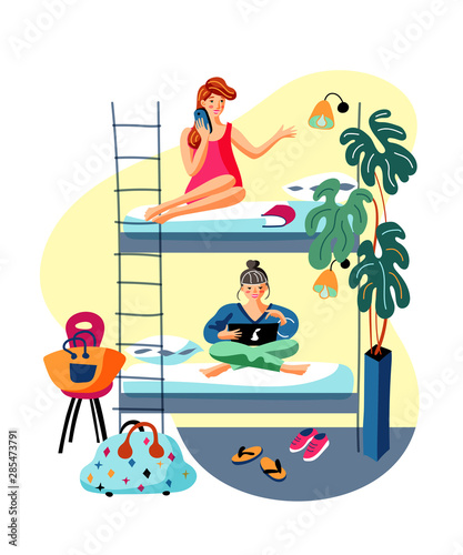 Dormitory room sharing flat vector illustration
