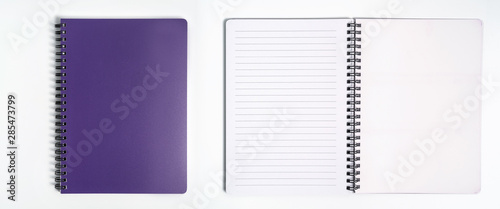 Business concept - Top view collection of spiral kraft notebook front, purple And white open page isolated on background for mockup