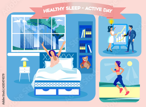 Healty Sleep Active Day. Woke Up Comfortable Bed.