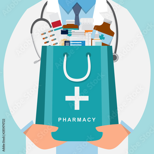 pharmacy background with doctor holding a medicine bag
