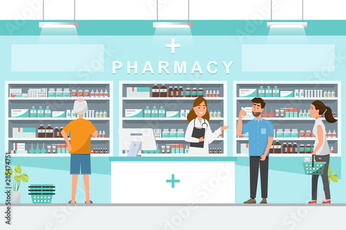 pharmacy with pharmacist and client in counter