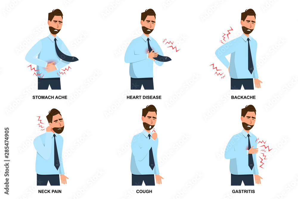 set of sick man stomach ache, heart disease, backache, neck pain, cough and gastritis set of sick man stomach ache, heart disease, backache, neck pain, cough and gastritis