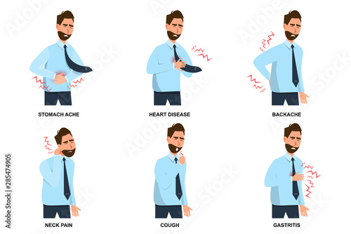 set of sick man stomach ache, heart disease, backache, neck pain, cough and gastritis
