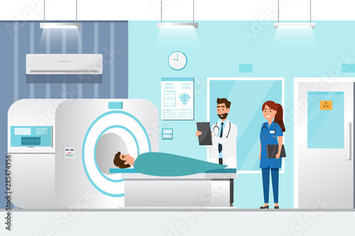 doctor standing and man lying down for x-ray with MRI scanner machine