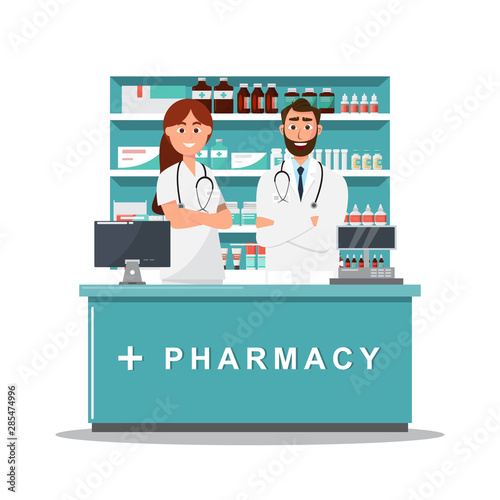 pharmacy with doctor and nurse in counter