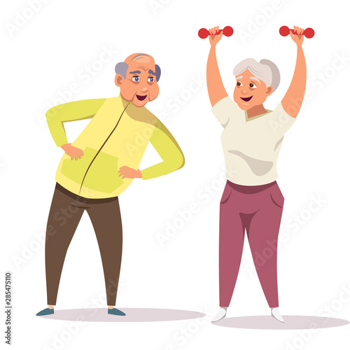 Old couple doing fitness flat vector illustration