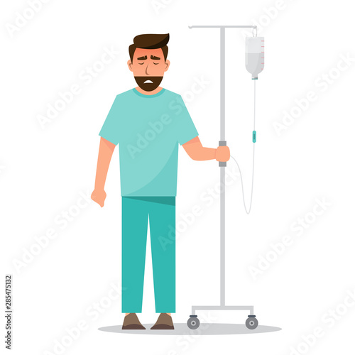 sick man holding saline bag in hospital