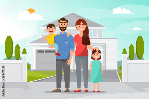 Happy family in front of the home. father mother, daughter and son