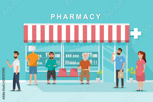 pharmacy store with client in the city
