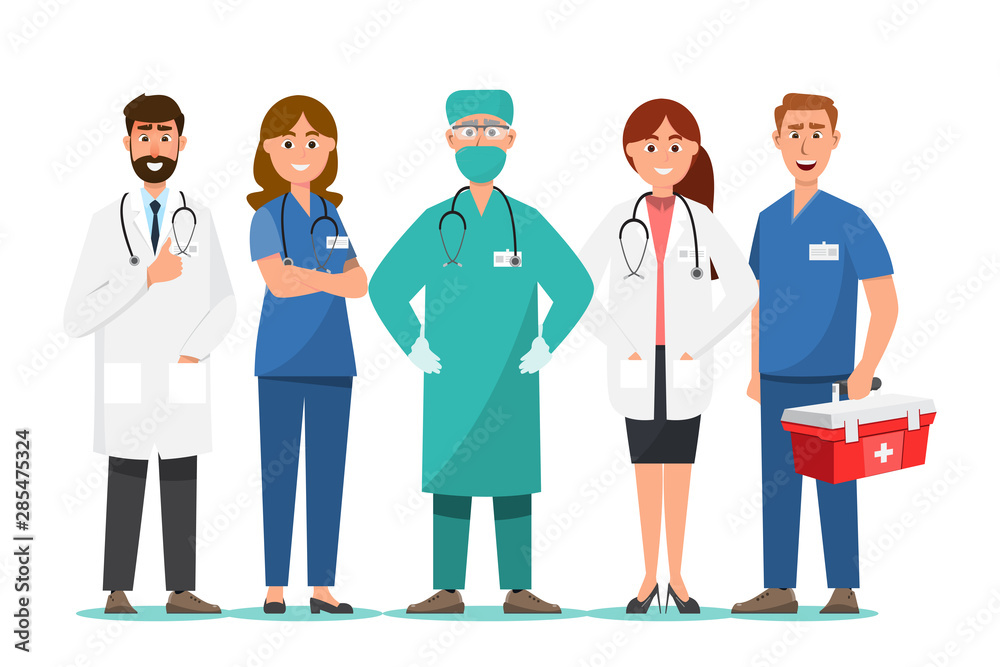 Set of doctor cartoon characters. Medical staff team concept in hospital. Set of doctor cartoon characters. Medical staff team concept in hospital.