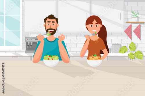 couple eating food, Vegetarian, healthy lifestyle in kitchen