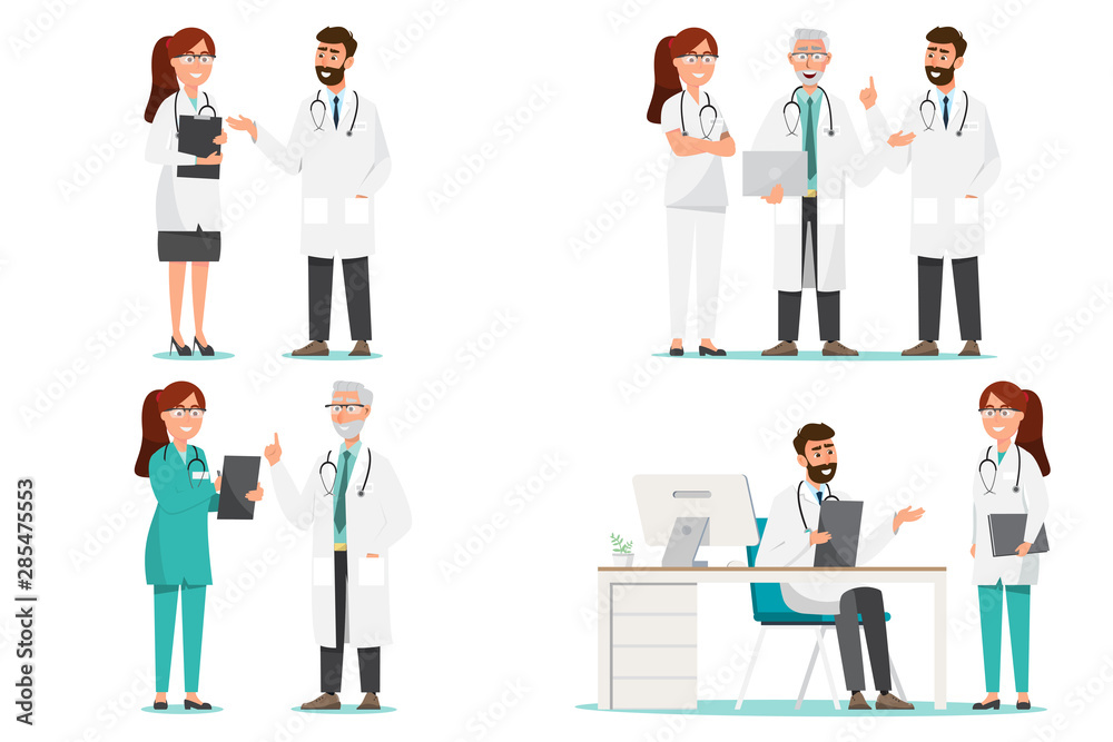 Set of doctor cartoon characters. Medical staff team concept in hospital. Set of doctor cartoon characters. Medical staff team concept in hospital.