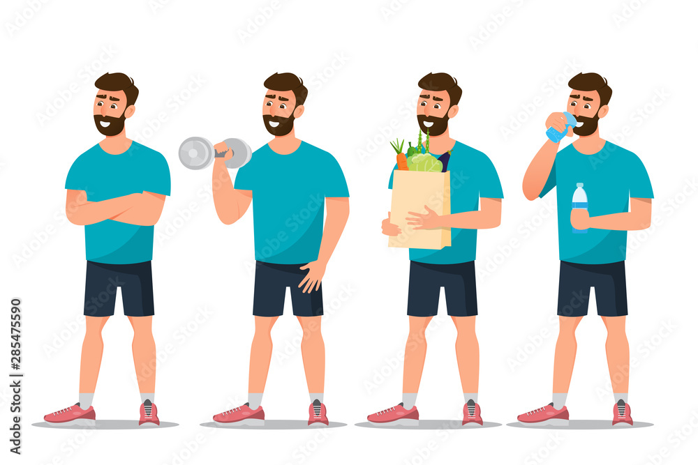 set of man exercise in the gym on a white background