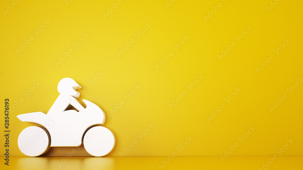 Rendering of a yellow background with white 3D toy motorcycle, automotive services concept