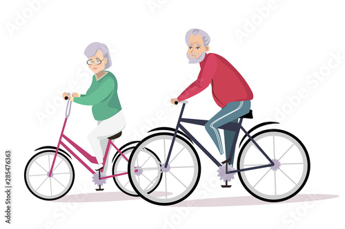 Elderly couple cycling flat vector illustration