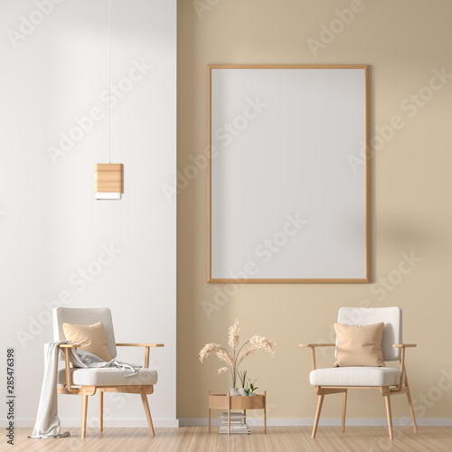 Fototapeta Naklejka Na Ścianę i Meble -  Mock up poster frame in Scandinavian style interior with wooden furnitures. Minimalist interior design. 3D illustration.