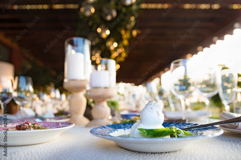 Burrata Cheese with Olive Oil and Fresh Basil, fresh italian cheese made from mozzarella and cream.