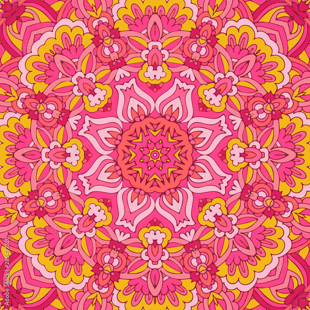 Vector hand drawn doodle mandala flowers. Ethnic Illustration on doodle style. Pink colors.