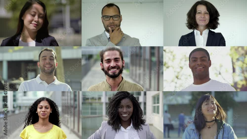 Group of cheerful smiling people looking at camera. Multiscreen montage, split screen collage. Ethnicity variation concept Group of cheerful smiling people looking at camera. Multiscreen montage, split screen collage. Ethnicity variation concept