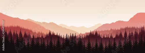 Panel kuchenny z motywem Vector panoramic landscape with red silhouettes of trees and hills