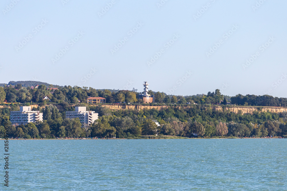 View of the Lookout tower of Balatonfoldvar from the lake Balaton.