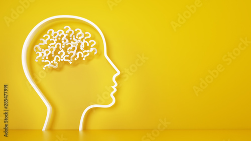 Big head with question marks inside brain on a yellow background. 3D Rendering