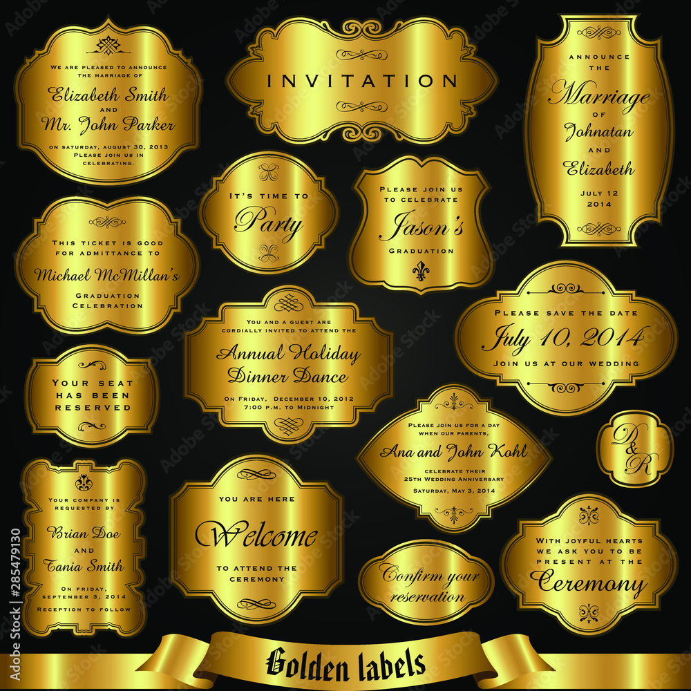 Vector set of golden labels, tickets, marks and invitations Stock