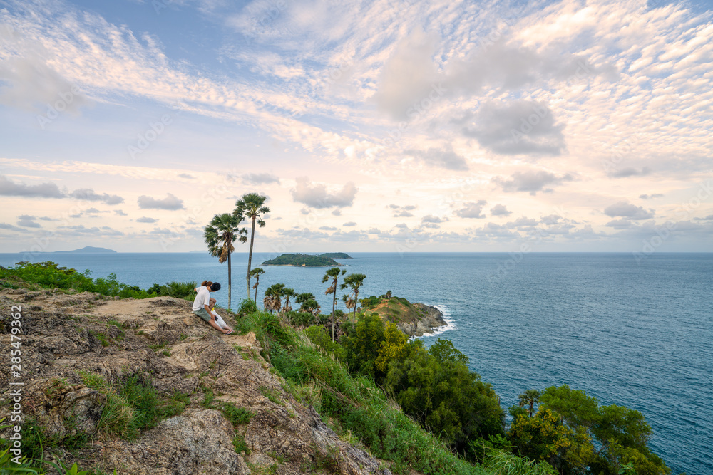 Tropical seascape, Sunset with beautiful sky at Promthep Cape view point Phuket Thailand