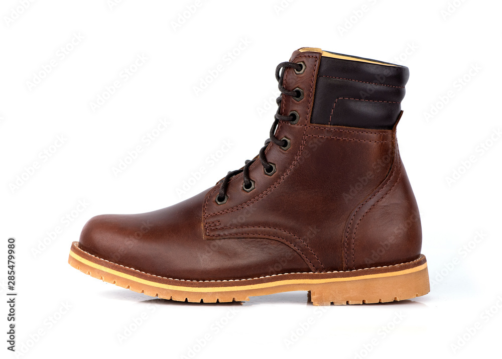 Man fashion brown boot leather isolated on a white background.