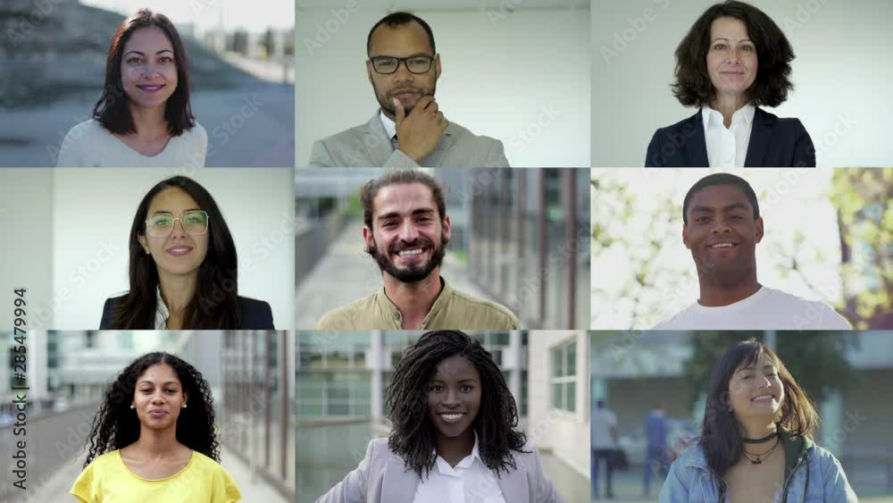Collage of smiling multiracial people looking at camera. Multiscreen montage, split screen collage. Ethnicity variation concept Collage of smiling multiracial people looking at camera. Multiscreen montage, split screen collage. Ethnicity variation concept
