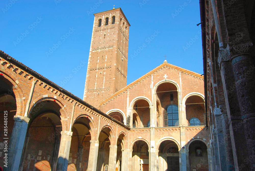 Upper part of the christian and medieval St Ambrogio church of Milan