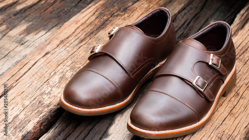 Men fashion of loafer brown shoes on wooden background.