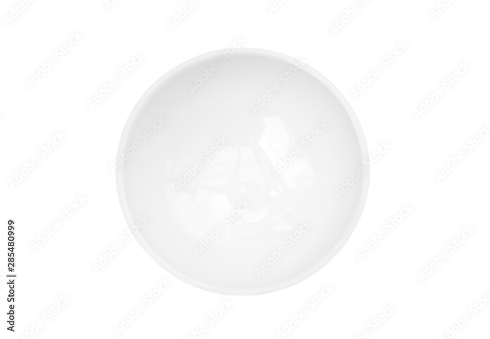 White bowl on white background. Top view of ceramic object . White bowl on white background. Top view of ceramic object .