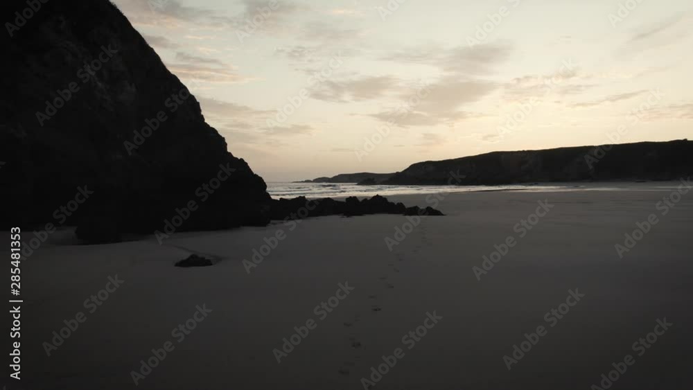Ripresa aerea di spiaggia oceanica e scogliere all'alba. Ripresa perfetta per intro video. Ripresa aerea di spiaggia oceanica e scogliere all'alba. Ripresa perfetta per intro video.