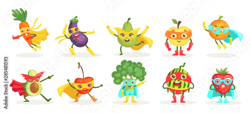 Vegetables superheroes flat vector characters isolated set