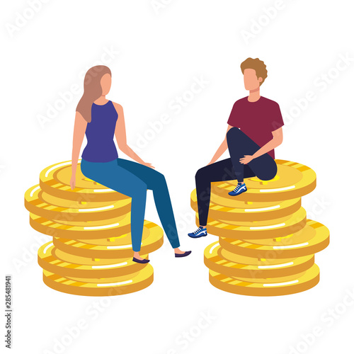 young couple with coins money avatars characters