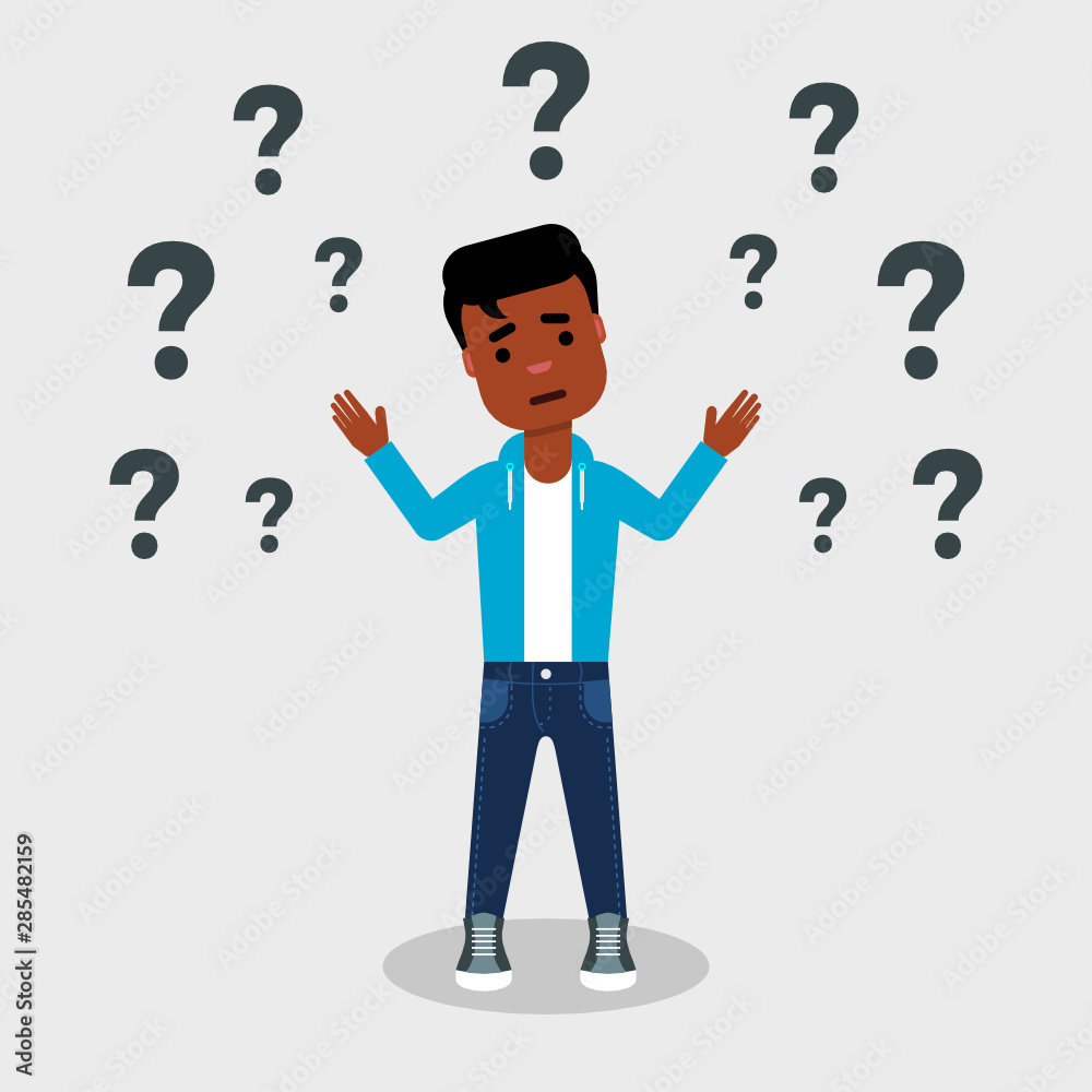 Young African American surrounded by question marks. Confused boy. Dilemma concept. Making choice. Being confused. Asking questions. Make decision. Solving problem. Vector illustration flat style Young African American surrounded by question marks. Confused boy. Dilemma concept. Making choice. Being confused. Asking questions. Make decision. Solving problem. Vector illustration flat style