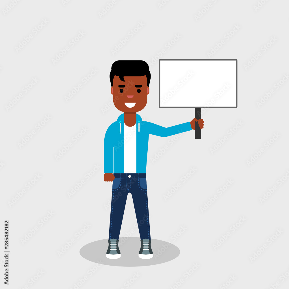 Man holding empty sign with copy space. Happy African American holding a blank banner on a stick. Space for advertisement or message. Empty board plank holder in boy’s hands. Vector illustration flat Man holding empty sign with copy space. Happy African American holding a blank banner on a stick. Space for advertisement or message. Empty board plank holder in boy’s hands. Vector illustration flat