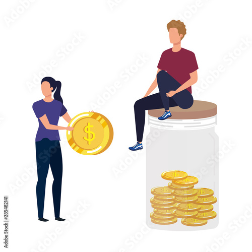 young couple with coins money in mason jar