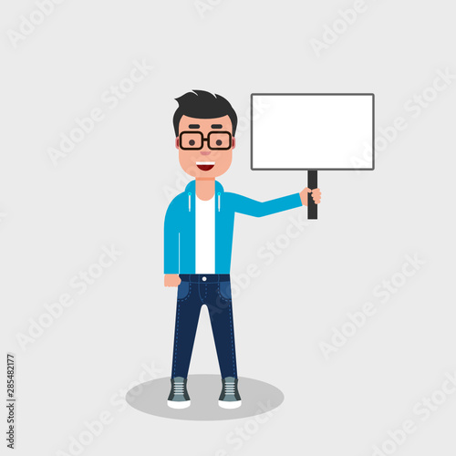 Happy boy holding a blank banner on a stick. Young man holding empty sign with copy space. Space for advertisement or message. Holding sign up. Clear signal stick. Empty board plank holder. Vector 