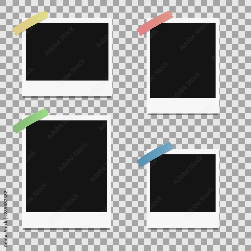 Realistic polaroid frames mockup. Picture frame with blank photo isolated templates on transparet background, frame templates different size views. Vector polaroid photo frame concept