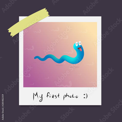 Happy spermatozoon vector illustration pictured on polaroid photo frame with text My First Photo