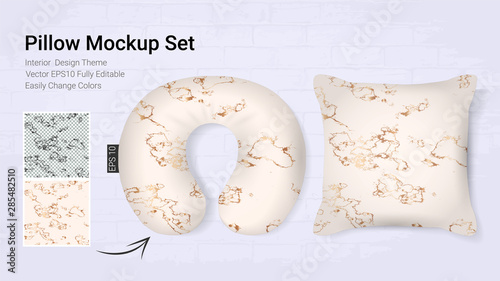 Realistic travel neck pillows mockup template and cover cushion case, Printable graphic for Home decorative theme design with marble golden texture (Vector set template, Fully editable color change)  photo