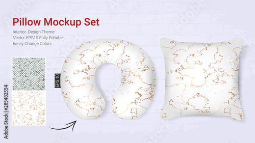 Realistic travel neck pillows mockup template and cover cushion case, Printable graphic for Home decorative theme design with marble golden texture (Vector set template, Fully editable color change) 