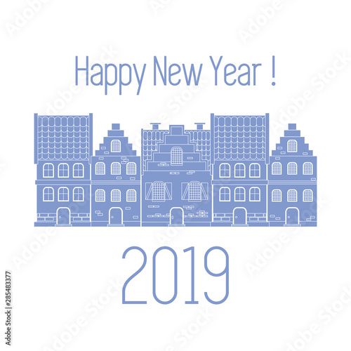 Happy New Year 2019 card. Vector houses.