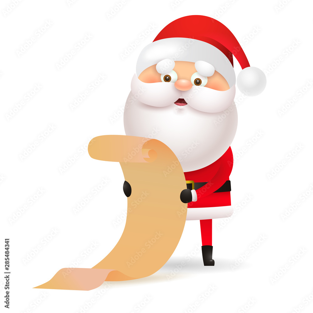 Cute Santa Claus reading gift giving list. Paper, scroll, speaking. Christmas concept. Realistic vector illustration can be used for topics like presents, Xmas, New Year Sale, announcement Cute Santa Claus reading gift giving list. Paper, scroll, speaking. Christmas concept. Realistic vector illustration can be used for topics like presents, Xmas, New Year Sale, announcement